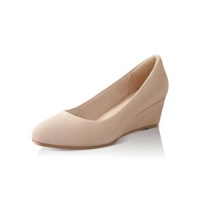Ankis Womens Beige Faux Suede Round Toe Low Wedge Pumps Nude Shoes Size 6